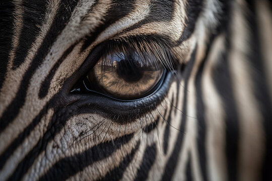 Witness the intricate beauty of a zebra  eye up close, showcasing a stunning skin line pattern in mesmerizing macro detail. Ai generated