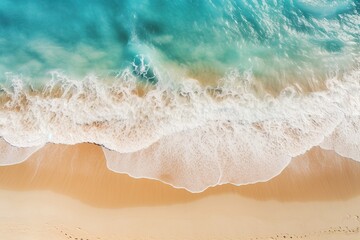 Relaxing aerial beach scene, summer vacation holiday template banner. Waves surf with amazing blue ocean lagoon, sea shore, coastline. Perfect aerial drone top view. Ai Generative