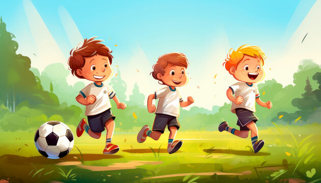 Kids soccer football - young children players match on soccer field. Banner like illustration