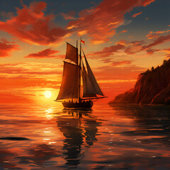 sailboat at red sunset in sea , mountains in background 
