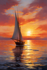 Fototapeta premium sailboat at sunset in open sea illustration 