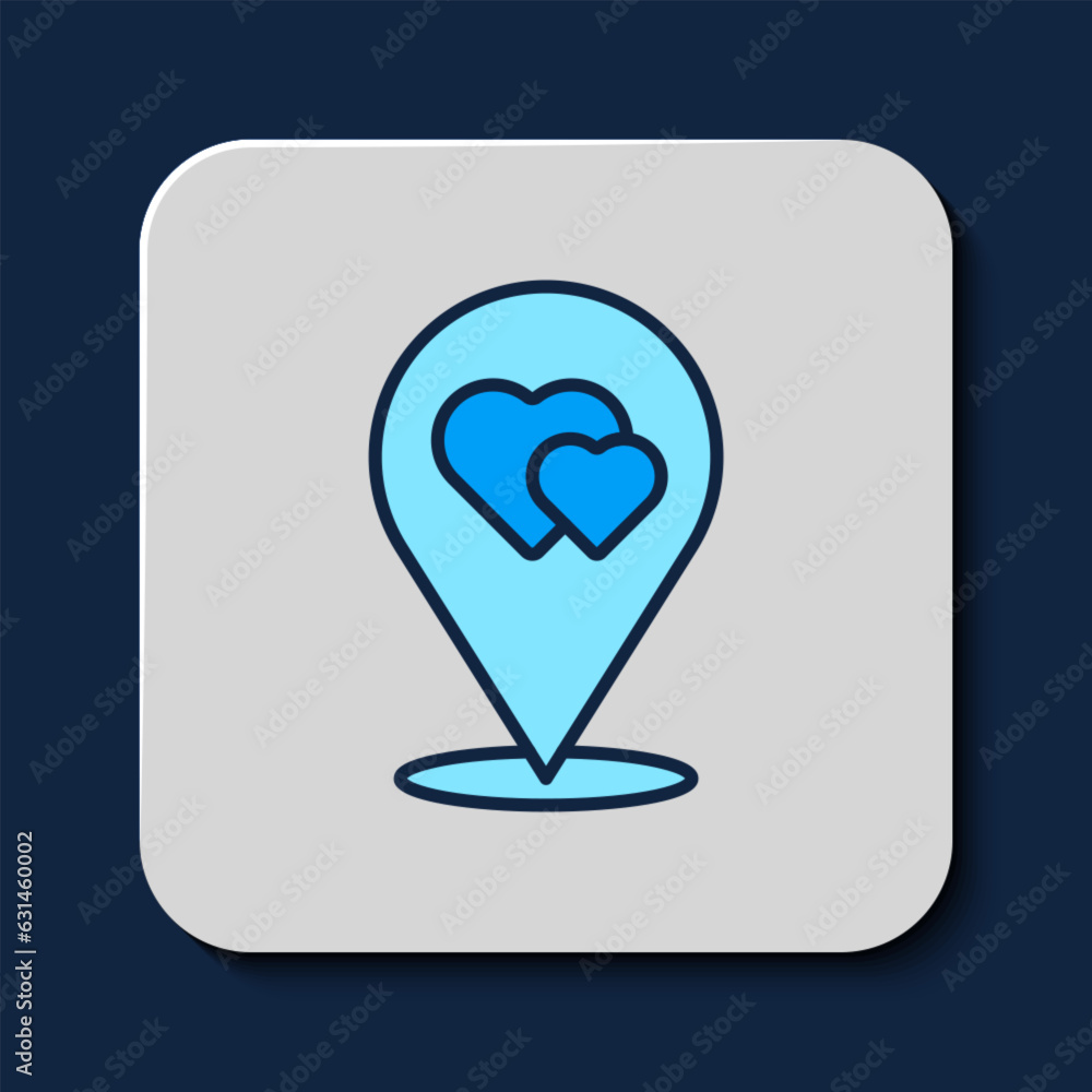 Poster filled outline map pointer with heart icon isolated on blue background. valentines day. love locatio