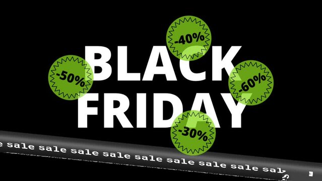 Black friday sale on black background with green stickers