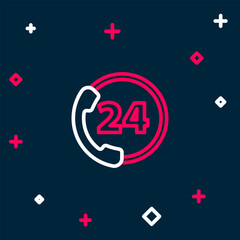 Line Telephone 24 hours support icon isolated on blue background. All-day customer support call-center. Full time call services. Colorful outline concept. Vector