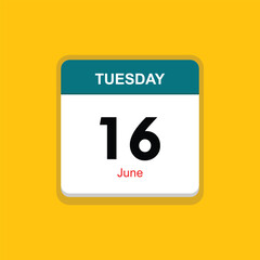 june 16 tuesday icon with yellow background, calender icon