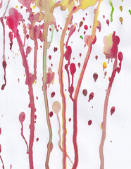 Red, yellow, and green watercolor paint drop. Abstract aquarelle droplet backdrop.