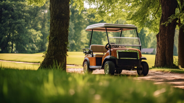 A Golf car, Golf car on the golf course. Generative Ai