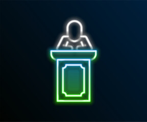 Glowing neon line Auction auctioneer sells icon isolated on black background. Auction business, bid and sale. Colorful outline concept. Vector