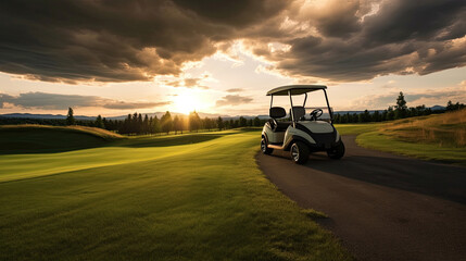 A Golf car, Golf cart car in fairway of golf course with fresh green grass field and cloud sky and tree at sunset. Generative Ai