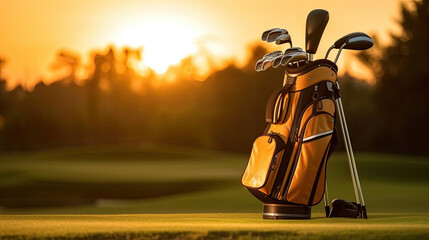 Golf club bag for golfer training and play in game with golf course background at sunset. Golfer. Generative Ai