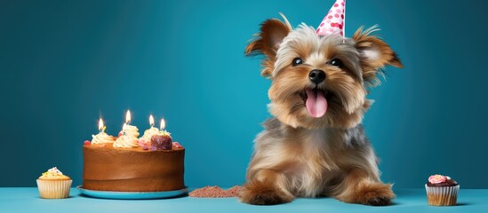 A cheerful and adorable dog is happily celebrating with a birthday cake and party hat. The dog