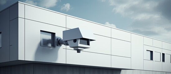 A contemporary building with advanced security features, showcasing a security camera. The concept
