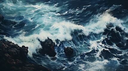 Fototapeta na wymiar Aerial view of white waves crashing in the deep blue ocean