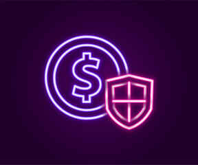 Glowing neon line Money with shield icon isolated on black background. Insurance concept. Security, safety, protection, protect concept. Colorful outline concept. Vector