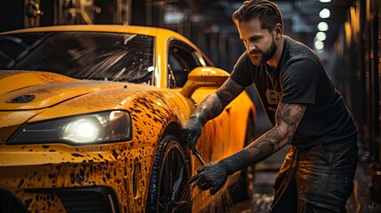  Professional car washer washing his super modified car advertising style exterior photo - obrazy, fototapety, plakaty