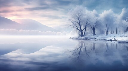 winter landscape with beautiful reflection in the water Generative AI
