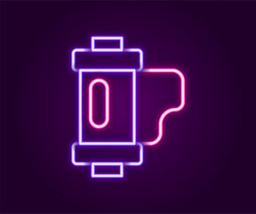 Glowing neon line Camera vintage film roll cartridge icon isolated on black background. 35mm film canister. Filmstrip photographer equipment. Colorful outline concept. Vector