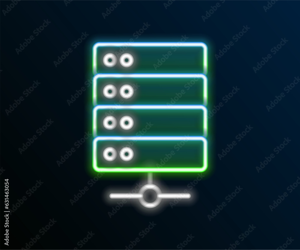 Poster glowing neon line server, data, web hosting icon isolated on black background. colorful outline conc