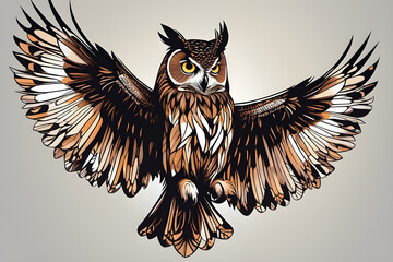A beautiful design depicting an owl flying with outstretched wings - obrazy, fototapety, plakaty