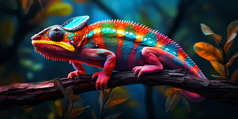 Chameleon Colorado posada en la rama de un arbor con effector de luz de neon vibrant rate digital  - obrazy, fototapety, plakaty