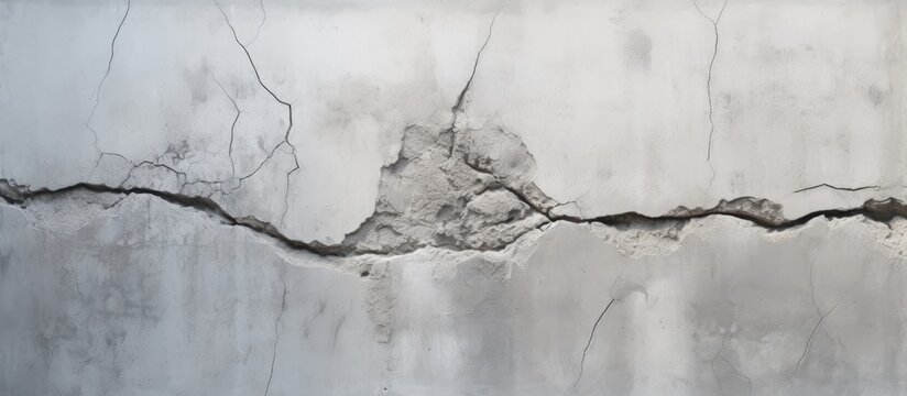 Close-up of an old concrete wall with a large ascending crack, dividing the square surface into