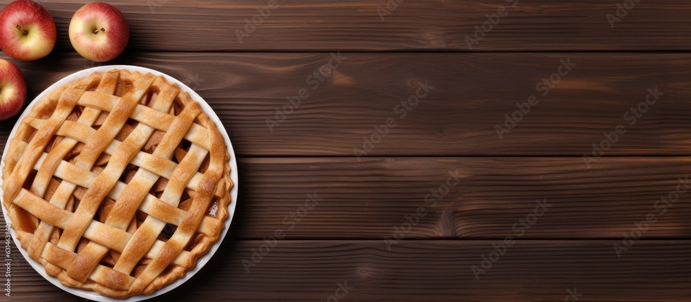 Aufkleber classic apple pie with space for text on a wooden table, arranged in a flat lay. perfect for