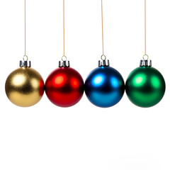 Row of colorful Christmas Glass Balls, used for decorating. Green, Red, Blue and golden colors. Isolated on a white background. 