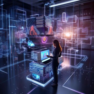 3D-Grafikkonzept: Weibliche Chief Technology Officer eines Big Data Centers nutzt Laptop im Lager, aktiviert Server, Informationsdigitalisierung beginnt.  SAAS, Cloud Computing, Webservice