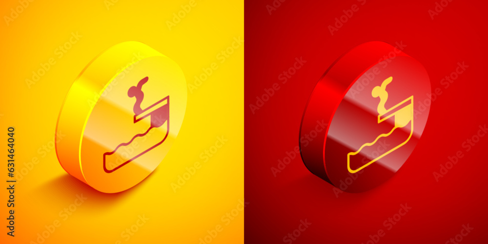 Poster isometric swimmer diving into pool icon isolated on orange and red background. circle button. vector