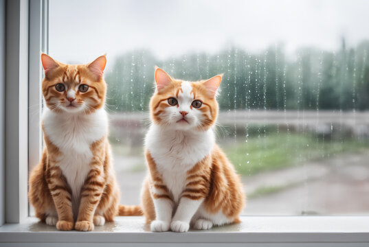 Realistic photo close up of cute cat sitting next to glass window, rainning outside