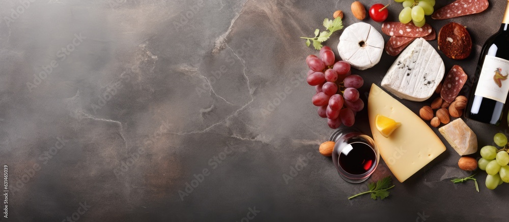 Poster Red And White Wine Bottles, Grape, Cheese And Sausages Over Stone Table. Top View With Copy