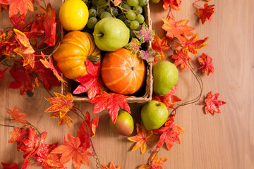 Peaceful Fall Fruit, Leaf, Acorn Still Life Arrangement on Wood Board Table Background with room or space for copy, text, your words.