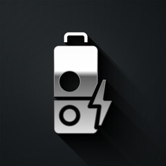 Silver Battery charge level indicator icon isolated on black background. Long shadow style. Vector