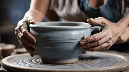 Fototapeta na wymiar Women's hands making ceramic cup on Potter's wheel 