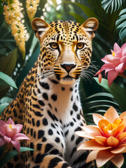 Photography portrait of Leopard in lush jungle with flowers