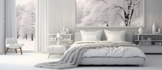 A bedroom with a white interior decor featuring a bed adorned with a cozy woolen blanket, shelves,