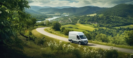 A white delivery van is driving on a countryside road during summertime, surrounded by green
