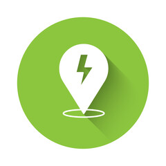 White Lightning bolt icon isolated with long shadow background. Flash sign. Charge flash icon. Thunder bolt. Lighting strike. Green circle button. Vector