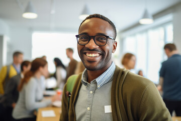 Obraz premium Smiling male student sitting in university classroom. Generative AI.