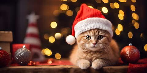 Cute cat in Santa Claus hat on a background with Christmas tree