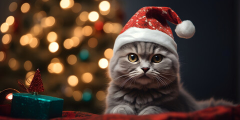 Cute scottish fold cat in santa hat on christmas background