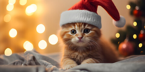 Cute ginger cat in santa hat on christmas lights background