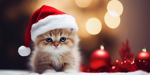 Cute siberian kitten in santa hat on Christmas background