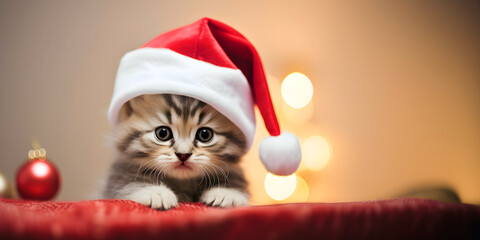 Cute siberian kitten in Santa Claus hat on Christmas background