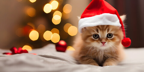 Cute little kitten in red santa hat on christmas background