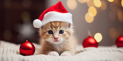 Cute ginger kitten in santa hat on christmas background