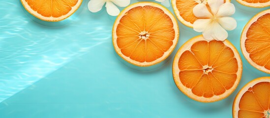 A summer-themed background with orange fruit slices in a swimming pool is a creative and refreshing