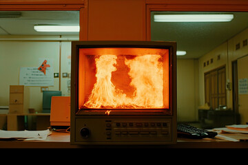 Retro computer screen on fire in an old room