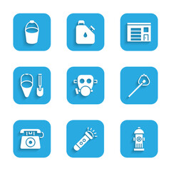 Set Gas mask, Flashlight, Fire hydrant, Burning match with fire, Telephone call 911, shovel and bucket, Building of station and icon. Vector