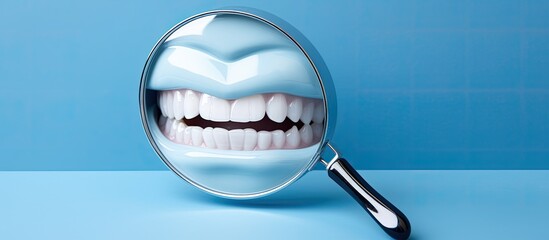 The color blue serves as a background while dentist tools such as a mirror and hook are present.